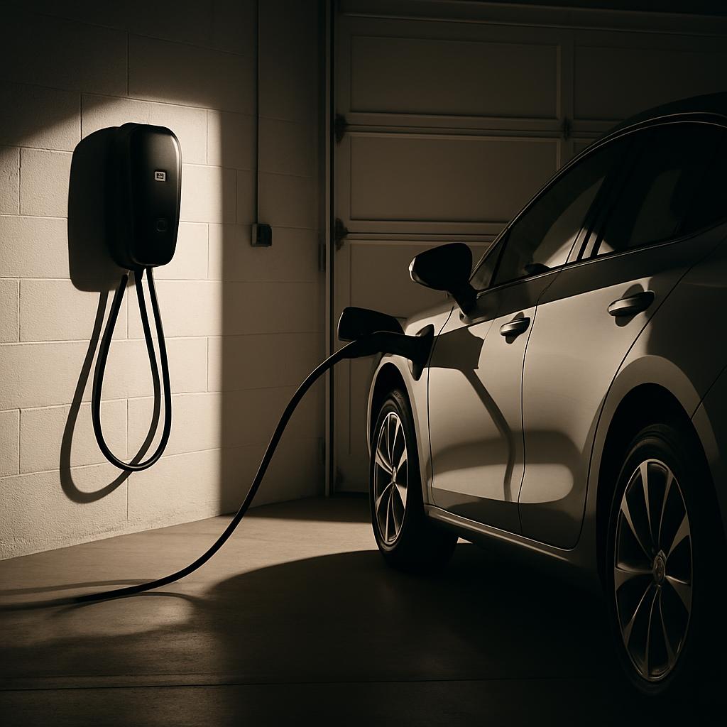 Alt Text - A car charging station in a garage.